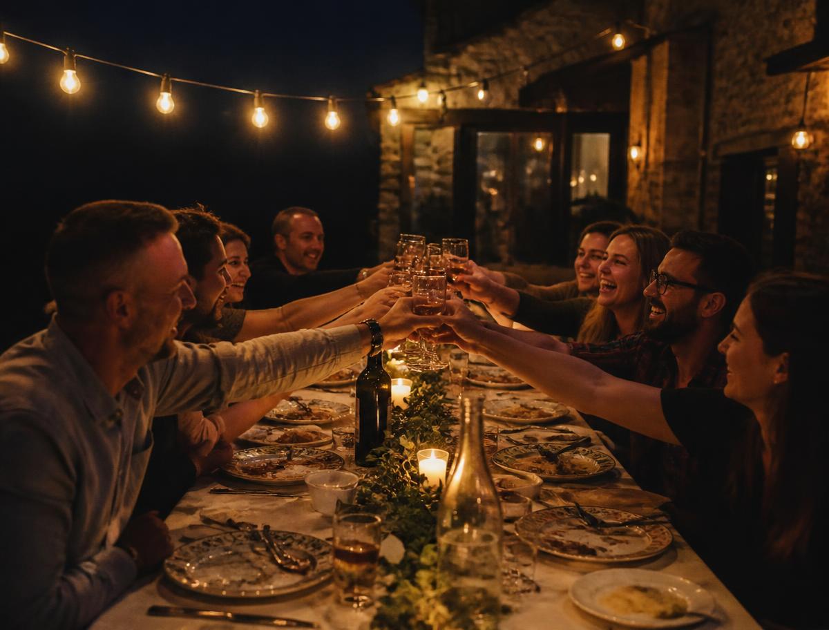 Gruppo di amici brinda a una tavolata all'aperto durante un viaggio