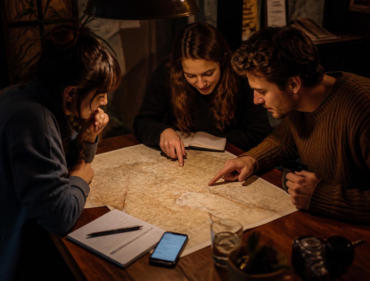 Tre amici studiano una mappa cartacea attorno a un tavolo mentre organizzano un viaggio